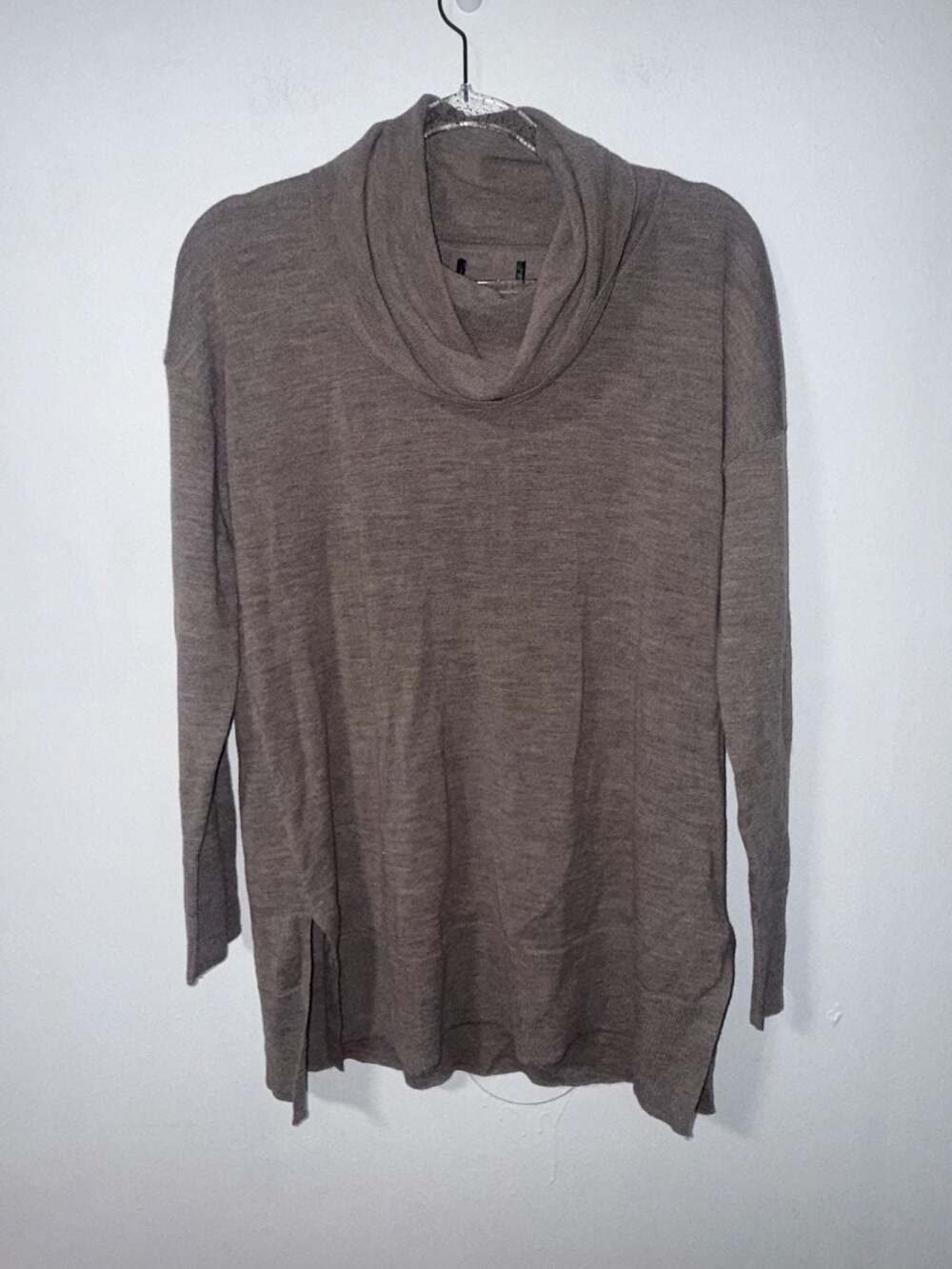 EILEEN FISHER 100% Merino Wool Cowl Neck Long Sleeve Tunic Sweater Brown